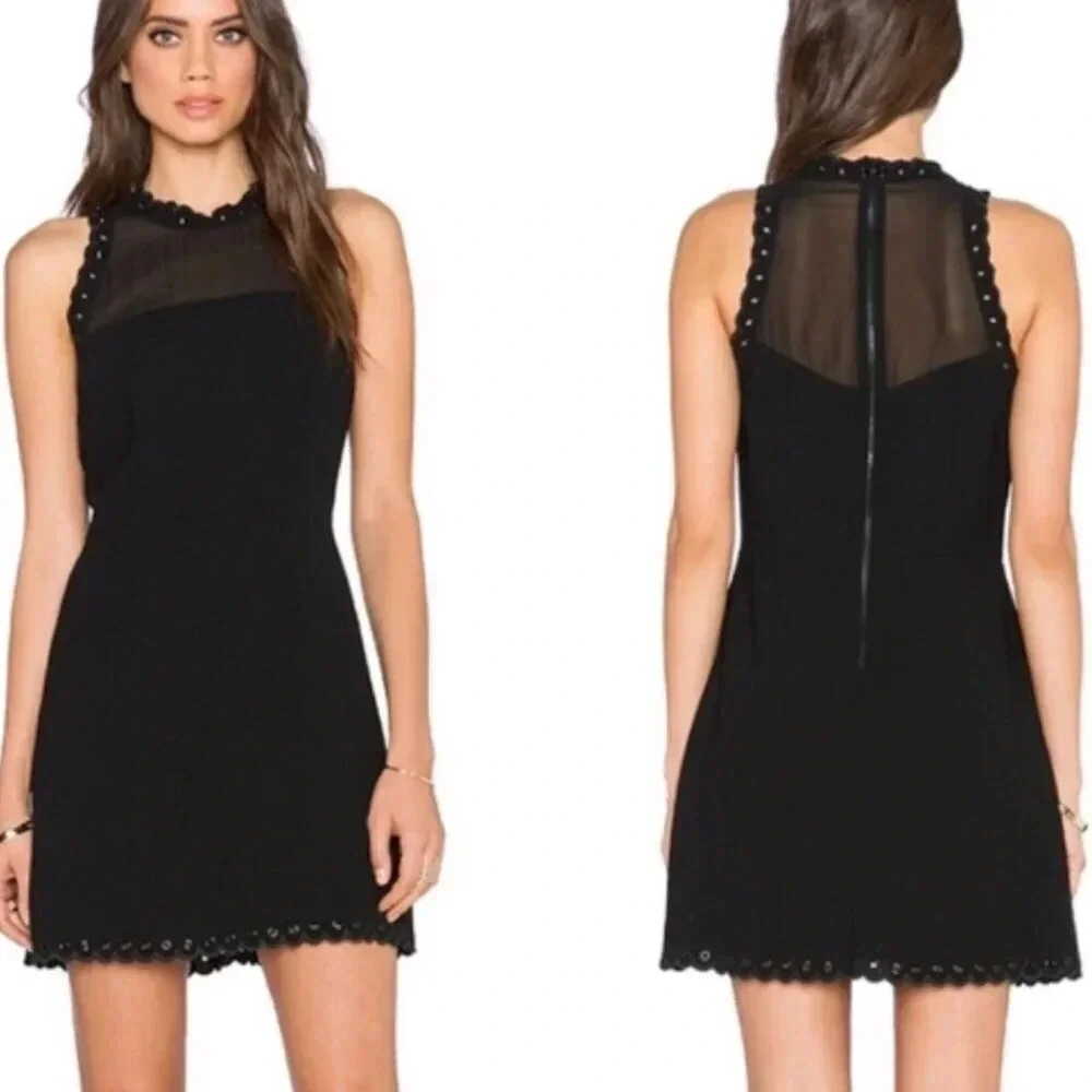 Sam Edelman Black A-Line Dress LBD Party Sheer Top Grommet Trim Size 2 Women's